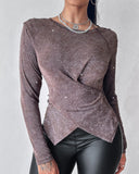 Glitter Round Neck Long Sleeve Crisscross Top