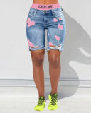 Colorblock Letter Print Ripped 2 In 1 Denim Shorts