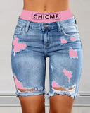 Colorblock Letter Print Ripped 2 In 1 Denim Shorts