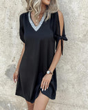 Contrast Sequin Cold Shoulder Casual Dress