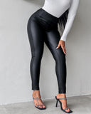 Curved High Waist PU Leather Fleece lined Thermal Pants