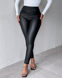 Curved High Waist PU Leather Fleece lined Thermal Pants