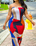 Colorblock Geometric Print Bandeau Slit Maxi Dress