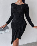 Polka Dot Pattern Long Sleeve Ruched Asymmetrical Hem Bodycon Dress