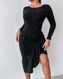 Polka Dot Pattern Long Sleeve Ruched Asymmetrical Hem Bodycon Dress