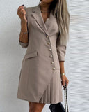 Asymmetrical Button Pocket Design Pleated Blazer Dress