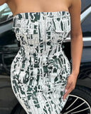 Letter Print Bandeau Zipper Design Midi Dress