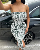 Letter Print Bandeau Zipper Design Midi Dress