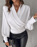 Lantern Sleeve Ruched Wrap Top