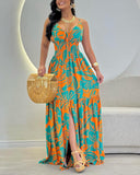Tropical Print Tied Detail Shirred Slit Maxi Dress