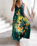 Colorblock Butterfly Print Pocket Design Maxi Dress