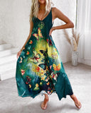 Colorblock Butterfly Print Pocket Design Maxi Dress