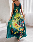 Colorblock Butterfly Print Pocket Design Maxi Dress