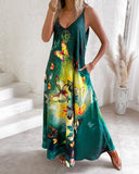 Colorblock Butterfly Print Pocket Design Maxi Dress