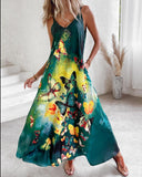 Colorblock Butterfly Print Pocket Design Maxi Dress