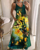 Colorblock Butterfly Print Pocket Design Maxi Dress