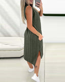 Buttoned Pocket Design Ribbed Casual Dress
