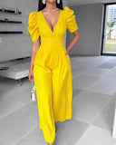 Puff Sleeve Plunge Wide Leg Jumpsuit