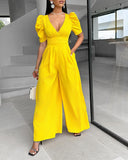 Puff Sleeve Plunge Wide Leg Jumpsuit