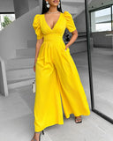 Puff Sleeve Plunge Wide Leg Jumpsuit