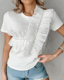 Sheer Mesh Patch Ruffle Hem T Shirt