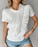 Sheer Mesh Patch Ruffle Hem T Shirt