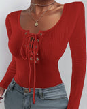 Lace up Deep U Neck Long Sleeve Bodysuit