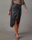 Twisted Slit PU Leather Asymmetrical Skirt