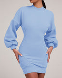 O neck Lantern Sleeve Mini Bodycon Sweatshirt Dress