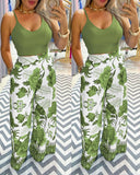 2 Piece Floral Print U Neck Spaghetti Strap Top High Waist Wide Leg Vacation Pants Set with Pocket