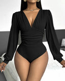 Deep V Neck Ruched Ribbed Bodysuit