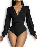 Deep V Neck Ruched Ribbed Bodysuit