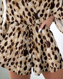 Leopard Print V Neck Bell Sleeve Rompers Strechy Waist Lace Up Jumpsuits