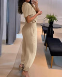 Bell Sleeve Ruched Top & High Waist Cuffed Pants Set