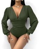 Deep V Neck Ruched Ribbed Bodysuit