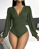 Deep V Neck Ruched Ribbed Bodysuit