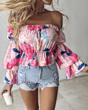 Floral Print Frill Hem Off Shoulder Top