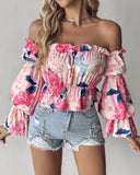 Floral Print Frill Hem Off Shoulder Top