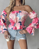 Floral Print Frill Hem Off Shoulder Top