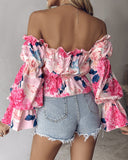 Floral Print Frill Hem Off Shoulder Top