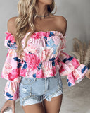 Floral Print Frill Hem Off Shoulder Top