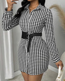 Houndstooth Print Long Sleeve Turn down Collar Bodycon Dress Button Front Mini Dress