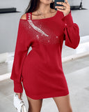 Rhinestone Pearls Decor Batwing Sleeve Knit Long Sleeve Dress