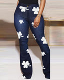 St. Patrick's Day Lucky Shamrock Print High Waist Flared Leg Jeans