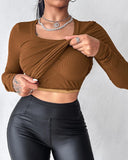 U Neck Built in Bra Long Sleeve Ribbed Top