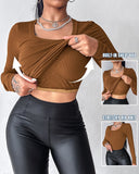 U Neck Built in Bra Long Sleeve Ribbed Top