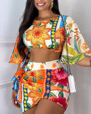 Floral Print Crop Top & Tied Detail Skirt Set