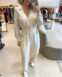 Lapel V neck Collar Shirred Drawstring Waist Jumpsuit