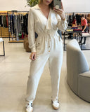 Lapel V neck Collar Shirred Drawstring Waist Jumpsuit