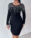 Pullover Mini Sweater Dresses Crew Neck Long Sleeve Rhinestone Decor Bodycon Dress